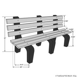 Traditional Park Bench, 6’L, Gray